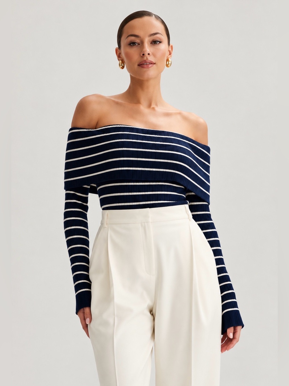 Meshki Navy Ivory Stripe Off Shoulder Ribbed Knit Sweater Top M